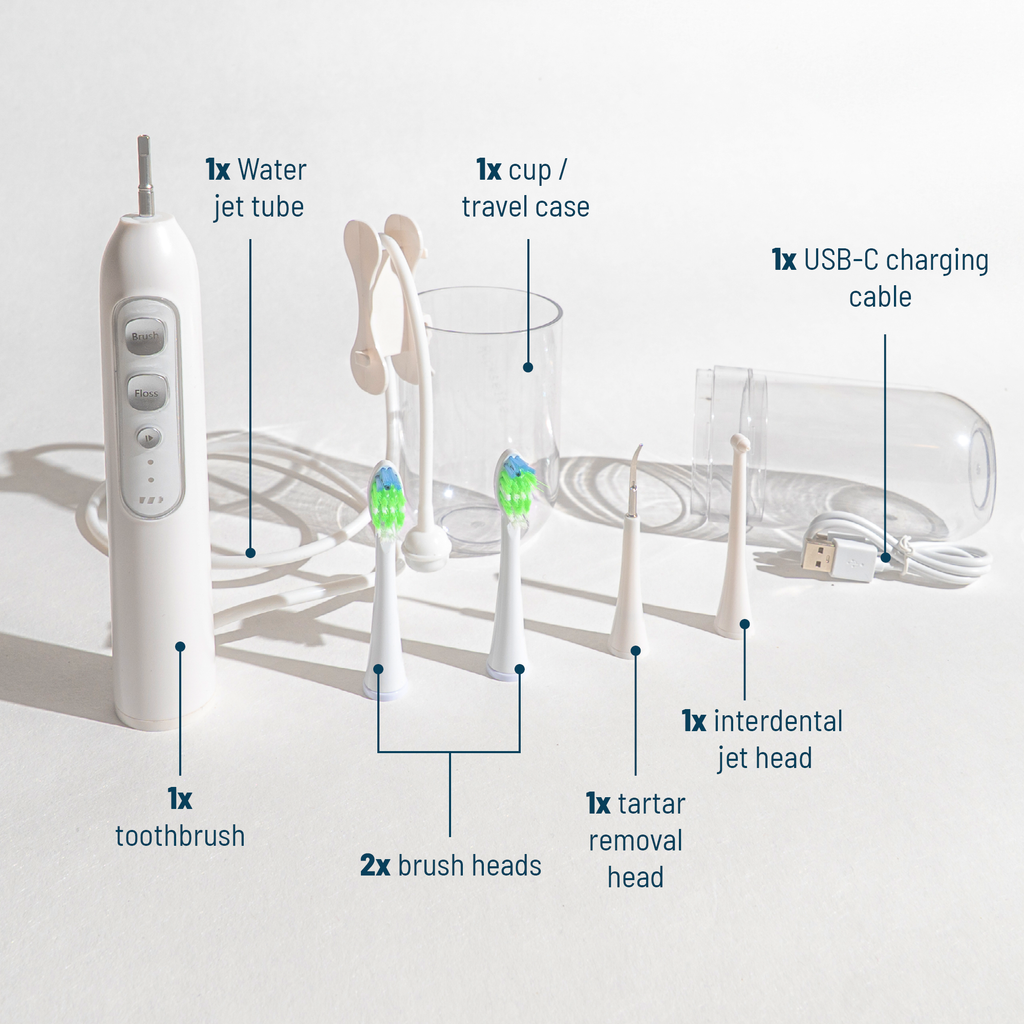 Brosse à dents 3-en-1 : brossage, jet interdentaire, détartrage